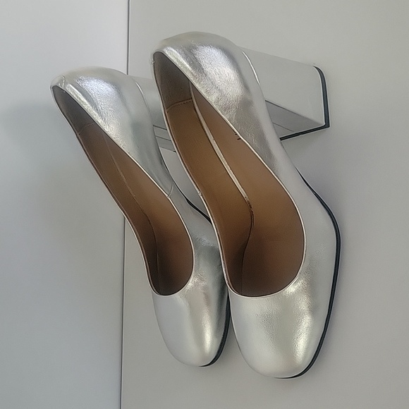 Silver womans high heel chunky heel square toe pumps party dress - Picture 5 of 8